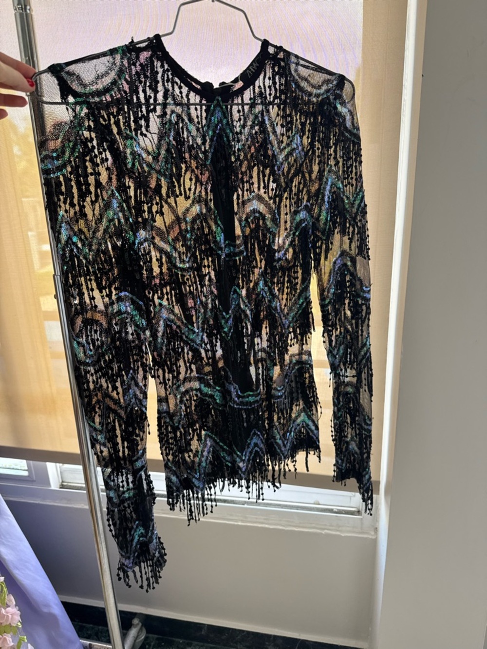 Sheer Black Beaded Long-Sleeve Blouse